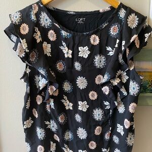 LOFT Outlet Black Floral Ruffle Sleeve Blouse | Short Sleeve Feminine Top